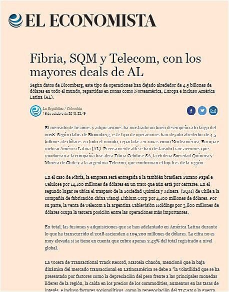 Fibria, SQM y Telecom, con los mayores deals de AL